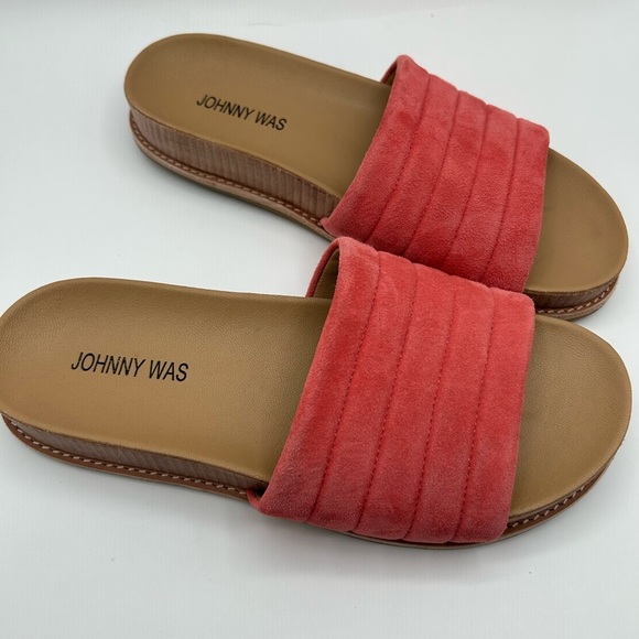 Johnny Was Solid Stitch Coral Pink, Sandal, Slides,Suede Like New, Size 8 - Picture 3 of 11